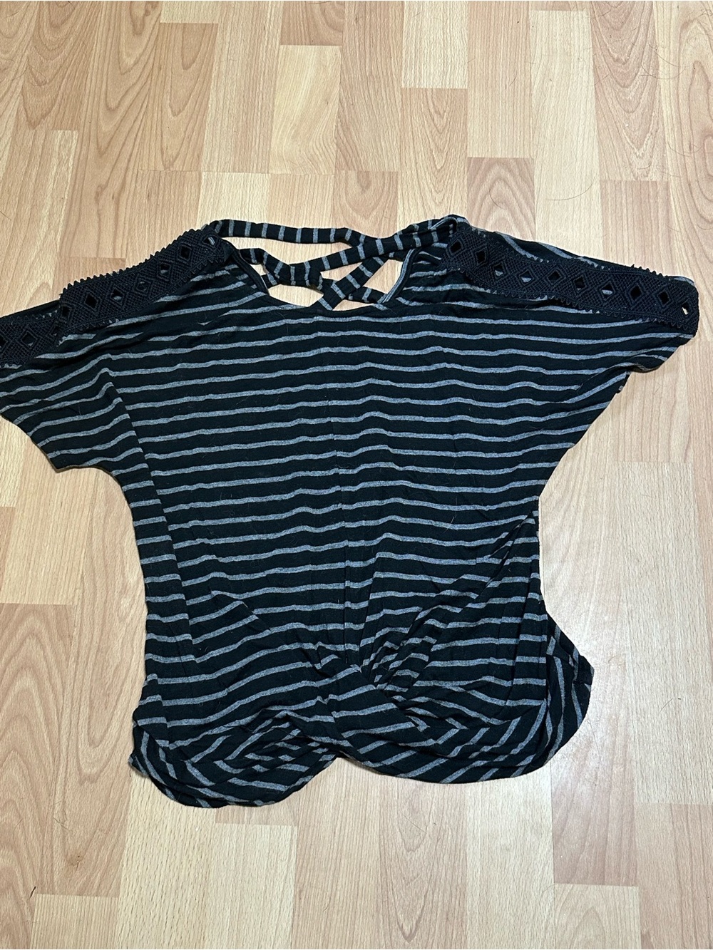Iz Byer Black and Gray Striped Short Sleeve Top with Crochet Yoke